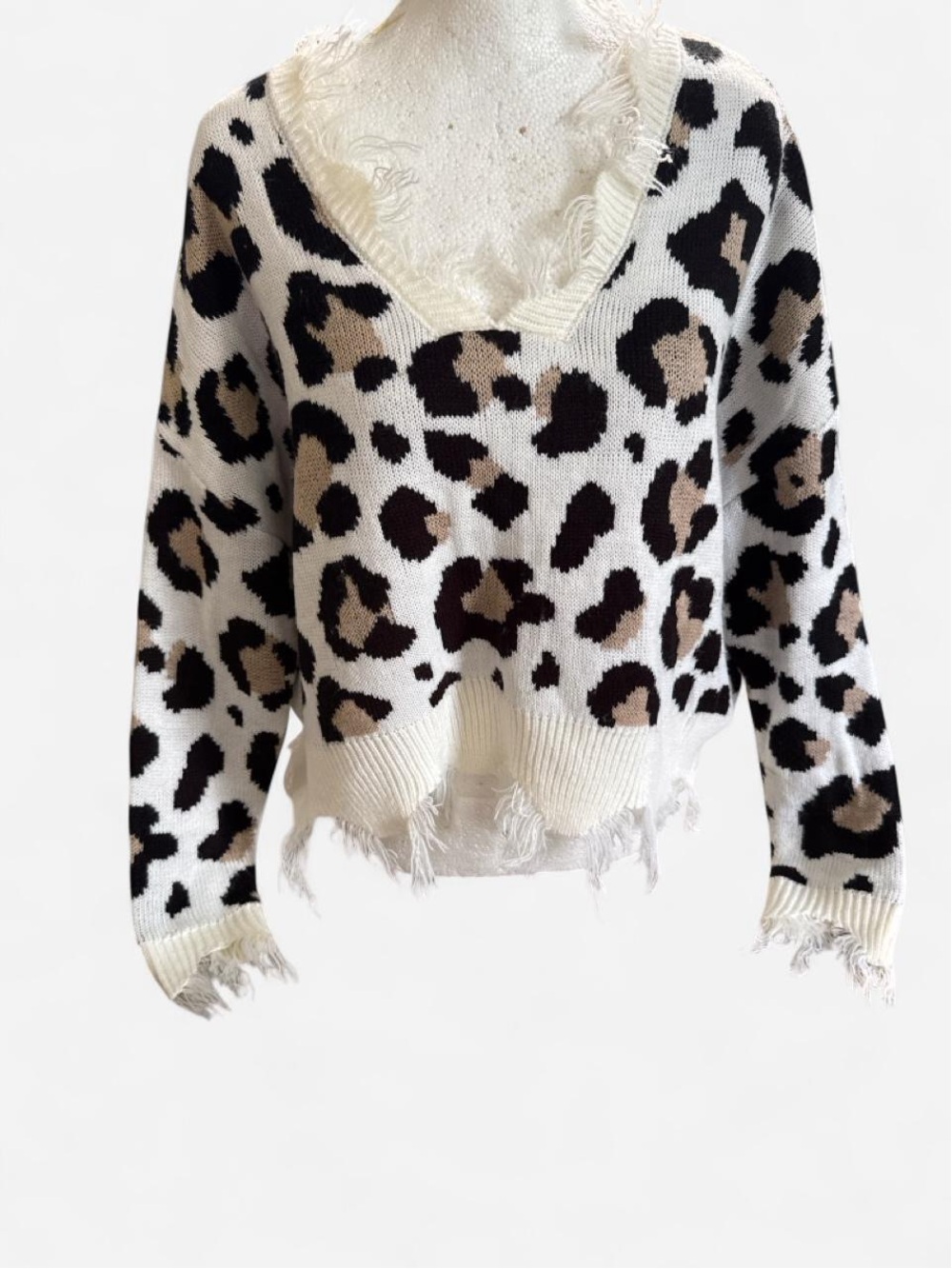 Just Polly Leopard Print Distressed V-Neck Sweater - White/ Brown